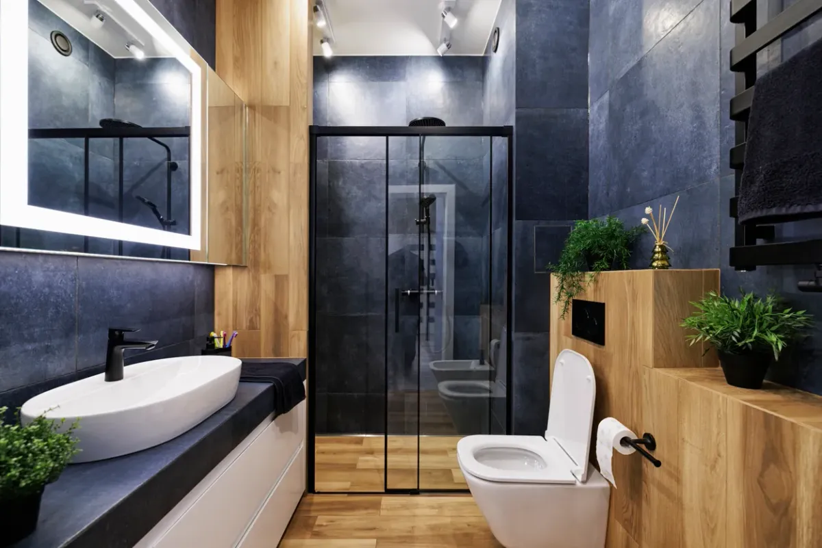 Contemporary bathroom remodel in Burlington featuring large-format porcelain tiles