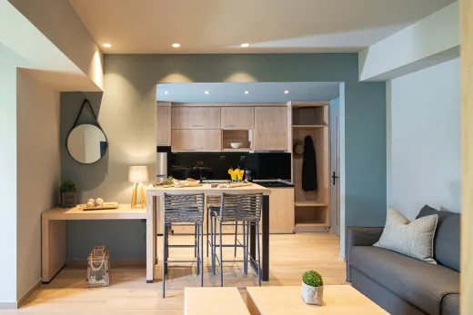 Bright, open interior of a newly built two-bedroom garden suite with modern finishes