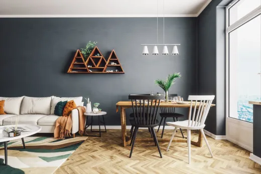Flat, newly installed herringbone hardwood in a renovated Toronto living space